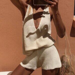 White Casual Women's Vacation Knit Top and Shorts Set